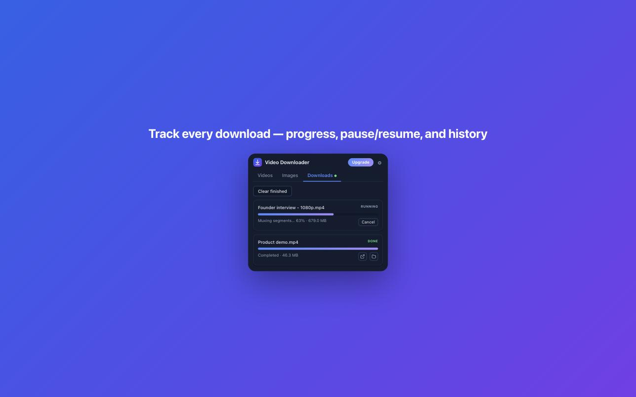 Download queue with progress and history